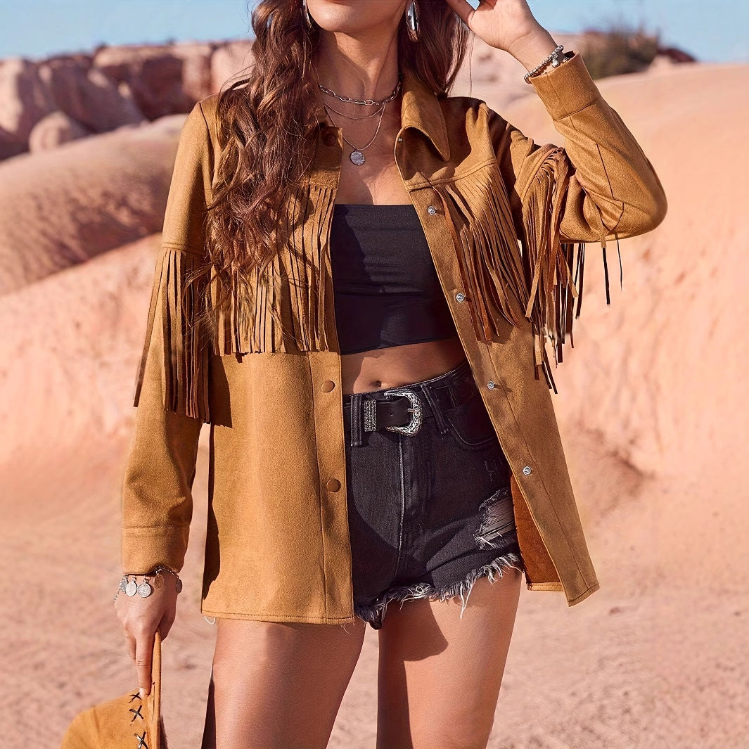 Western Style Solid Color Suede Fringe Jacket for Women