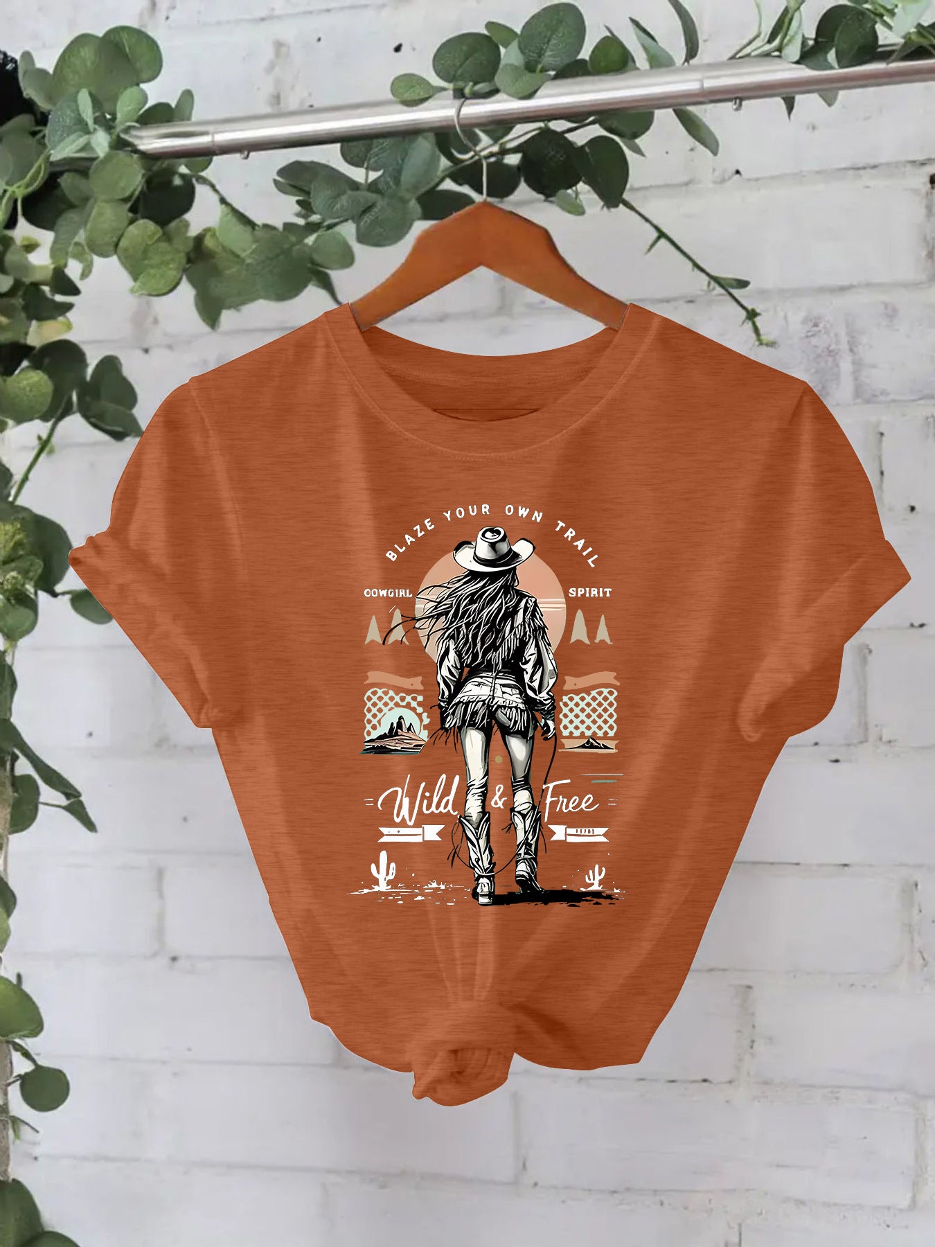 Western denim print round neck loose short sleeved shirt