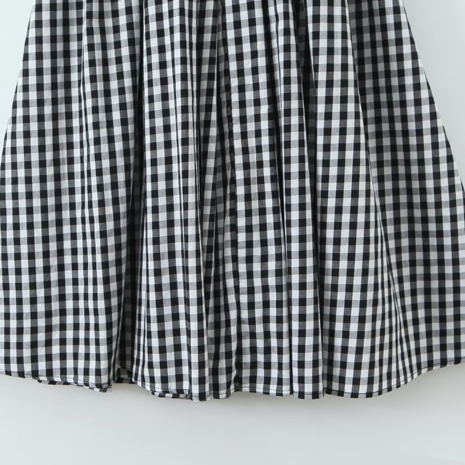 New Women's Fashionable Countryside Grid French Bubble Sleeve Dress with Western Style