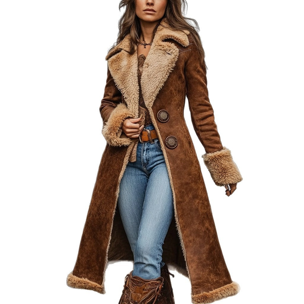 Western Vintage Cowgirl Denim Trench Coat with Fleece Lining, Warm and Stylish Outerwear for Women