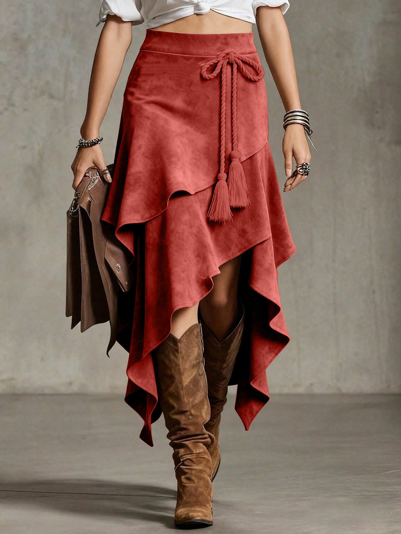 Retro Western Style Irregular Design Suede Skirt Solid Color Midi Skirt