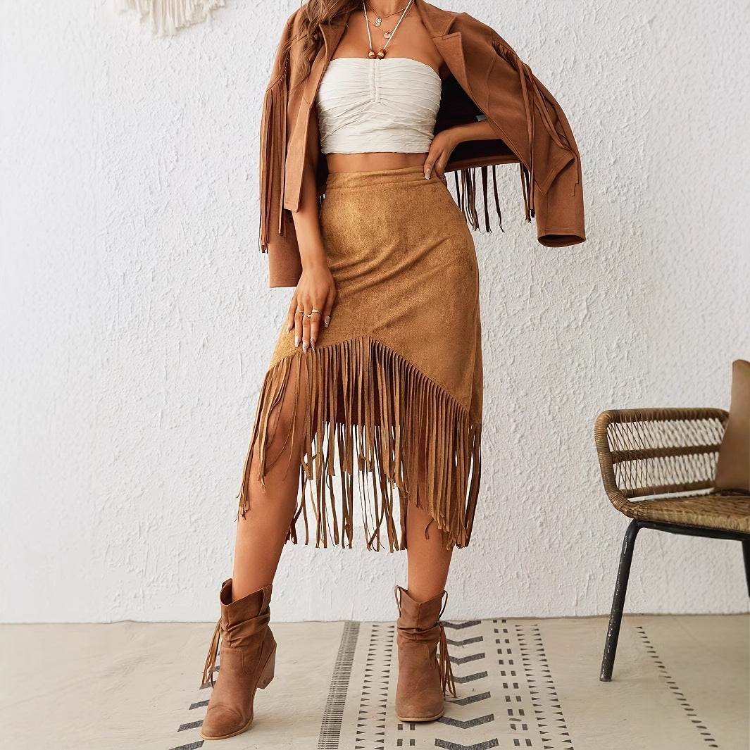 Western Style Faux Suede Fringe High Waist A-Line Skirt