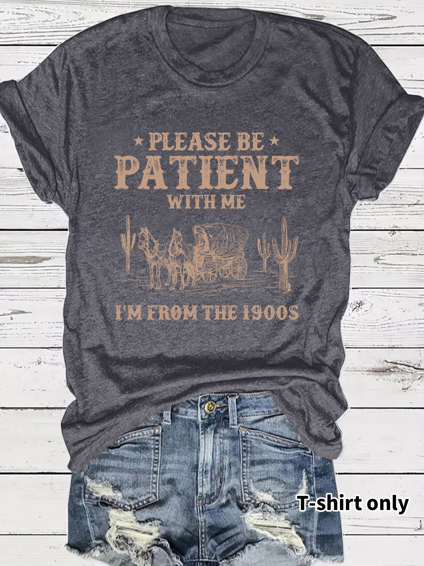 Western denim pattern round neck short sleeved shirt