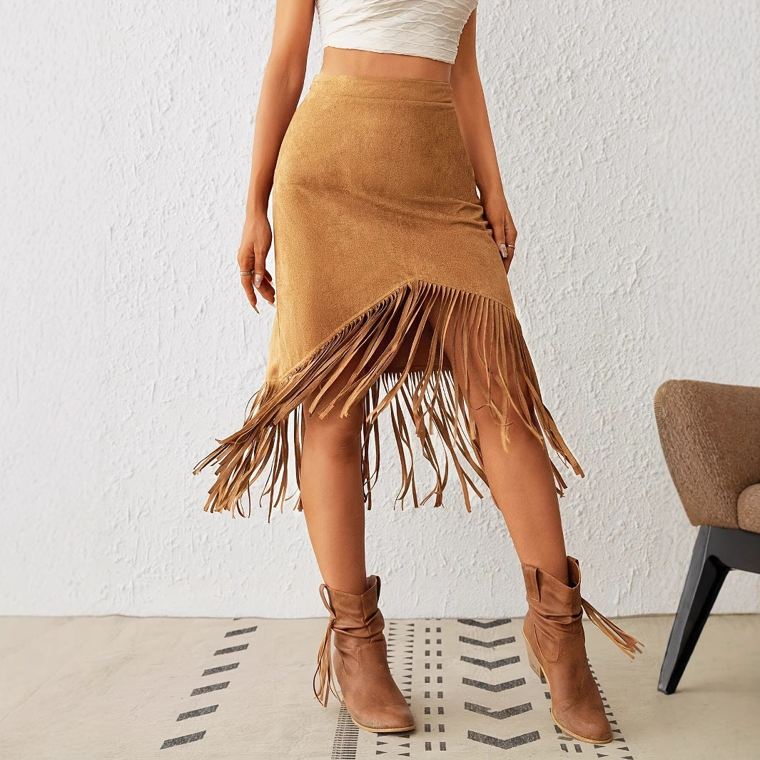 Western Style Faux Suede Fringe High Waist A-Line Skirt