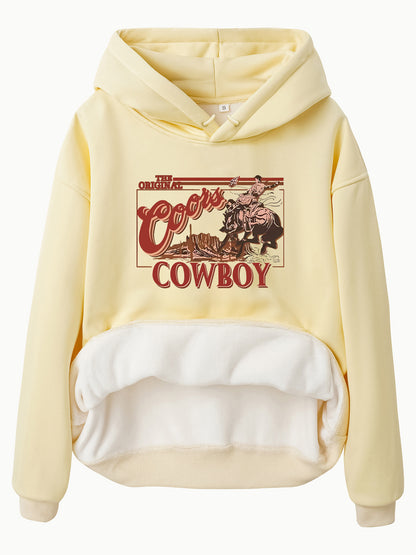 Hooded long sleeved fleece sweatshirt with western denim print