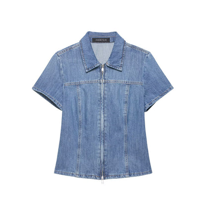 Chic Western Style Zipper Denim Shirt for Women