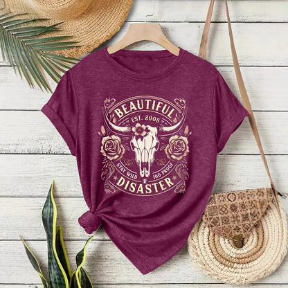 Short sleeved women's T-shirt with Western denim pattern