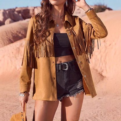 Western Style Solid Color Suede Fringe Jacket for Women