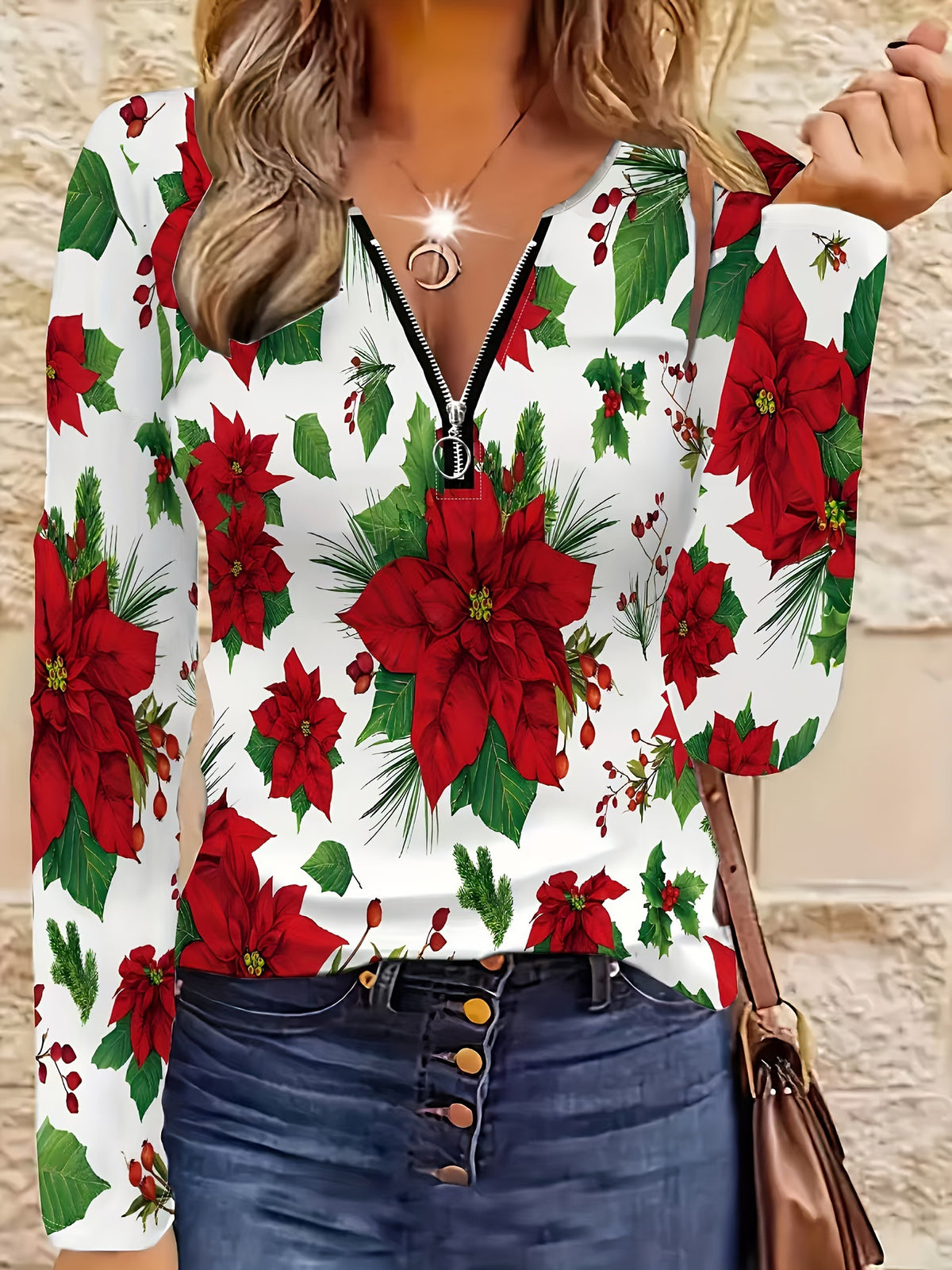 Western Women's Long Sleeve Floral Print Shirt, Half-Open Collar Casual Elegant Top