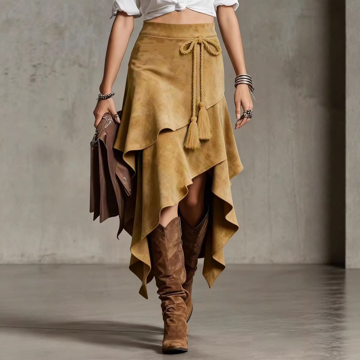 Retro Western Style Irregular Design Suede Skirt Solid Color Midi Skirt