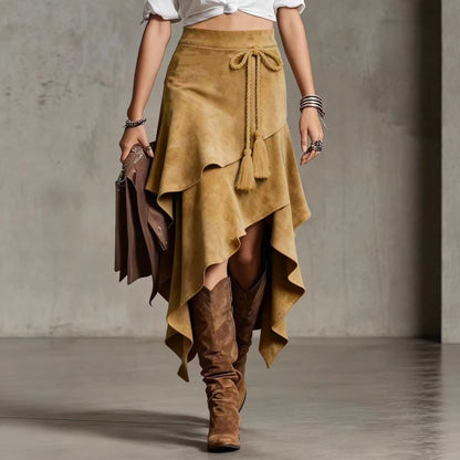 Retro Western Style Irregular Design Suede Skirt Solid Color Midi Skirt