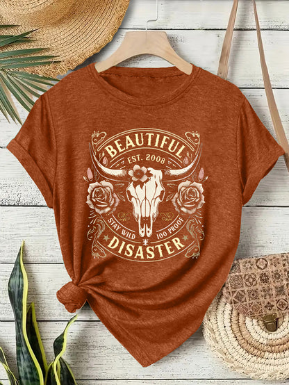 Short sleeved women's T-shirt with Western denim pattern