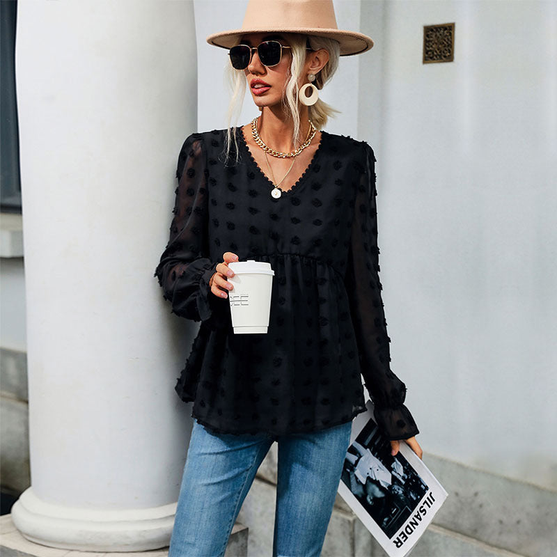 Women's Black Western-style Solid Color V-Neck Pullover Mesh Long Sleeve Shirt