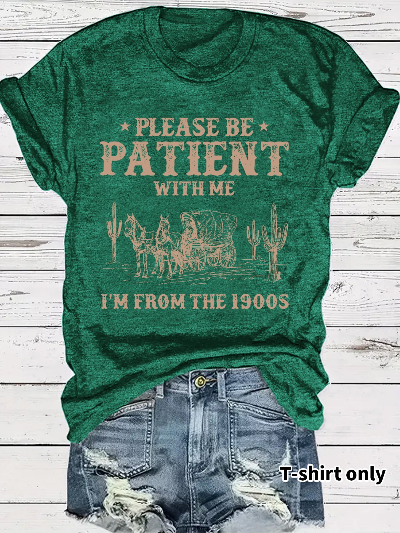 Western denim pattern round neck short sleeved shirt
