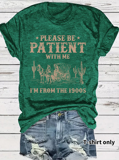 Western denim pattern round neck short sleeved shirt