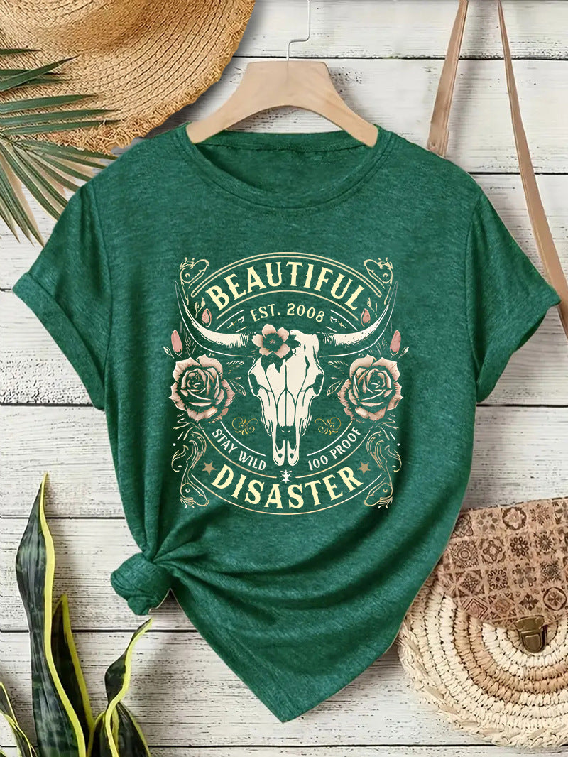 Short sleeved women's T-shirt with Western denim pattern