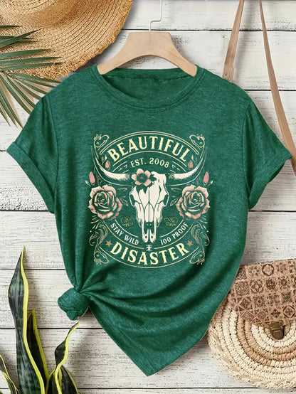 Short sleeved women's T-shirt with Western denim pattern