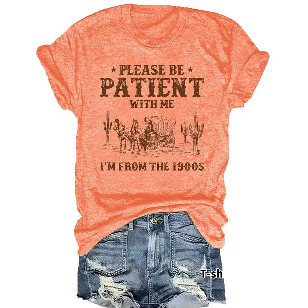 Western denim pattern round neck short sleeved shirt