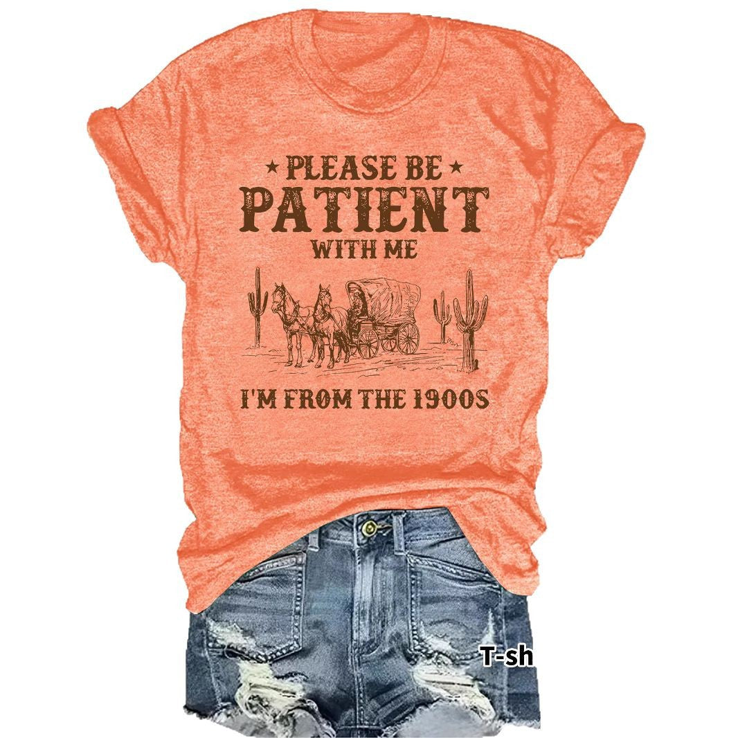 Western denim pattern round neck short sleeved shirt
