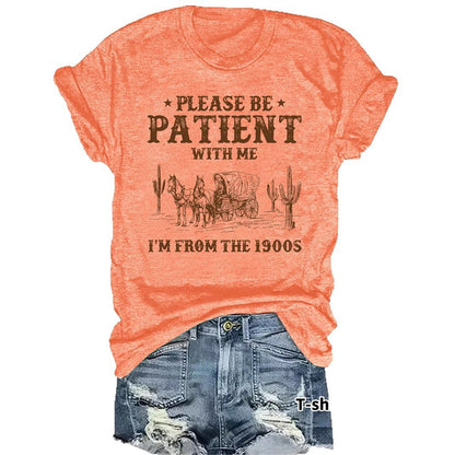 Western denim pattern round neck short sleeved shirt
