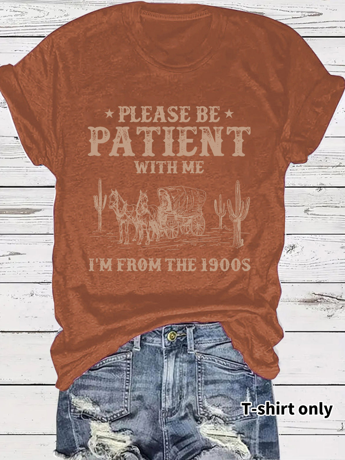 Western denim pattern round neck short sleeved shirt