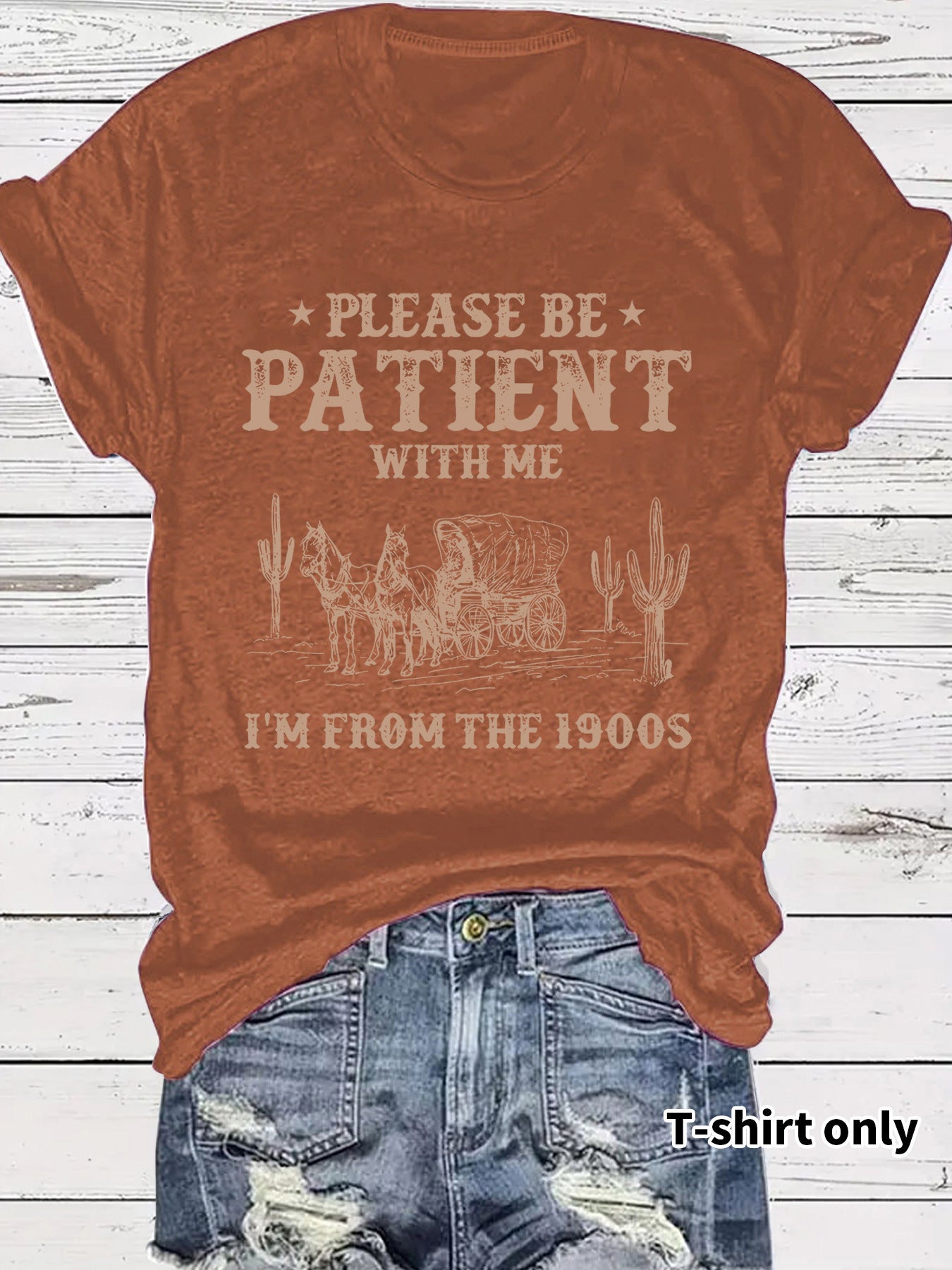 Western denim pattern round neck short sleeved shirt