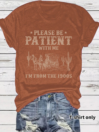 Western denim pattern round neck short sleeved shirt