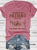 Western denim pattern round neck short sleeved shirt