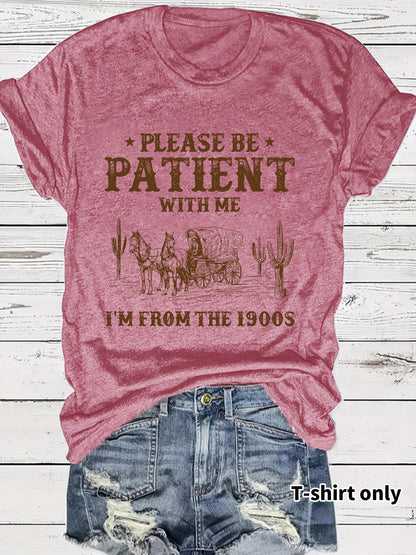 Western denim pattern round neck short sleeved shirt