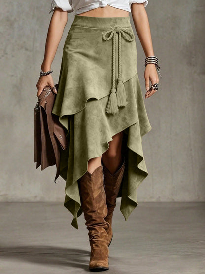 Retro Western Style Irregular Design Suede Skirt Solid Color Midi Skirt