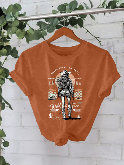 Western denim print round neck loose short sleeved shirt