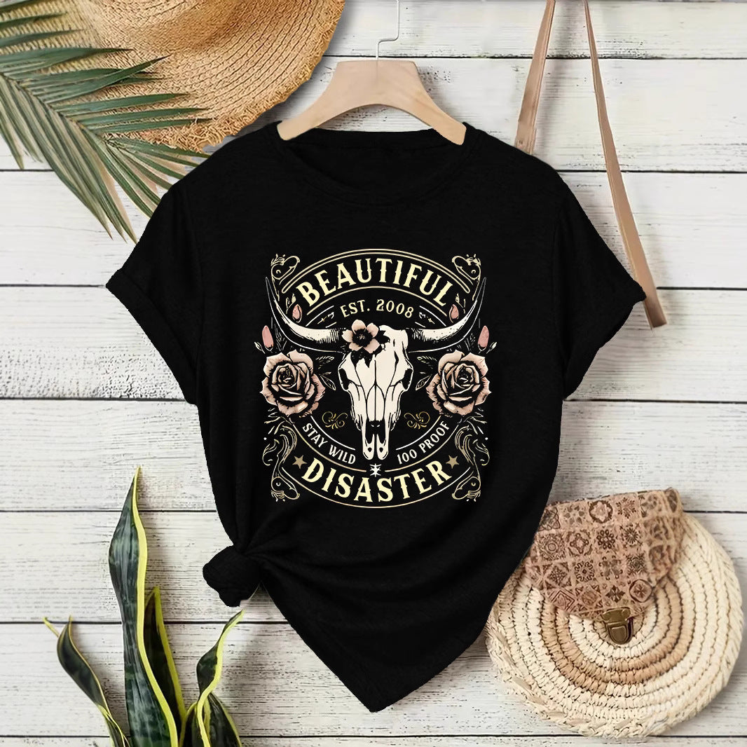 Short sleeved women's T-shirt with Western denim pattern