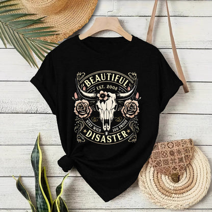 Short sleeved women's T-shirt with Western denim pattern