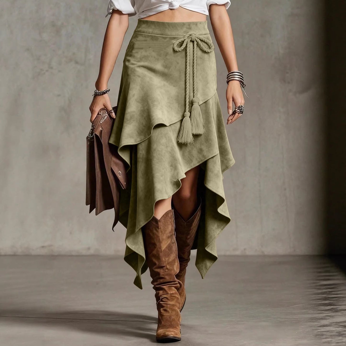 Retro Western Style Irregular Design Suede Skirt Solid Color Midi Skirt