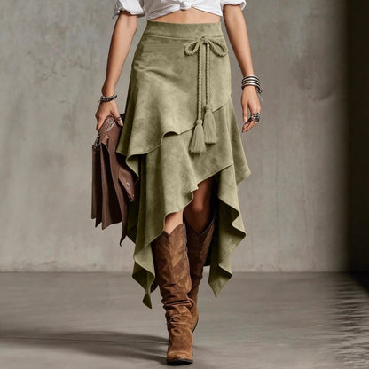 Retro Western Style Irregular Design Suede Skirt Solid Color Midi Skirt
