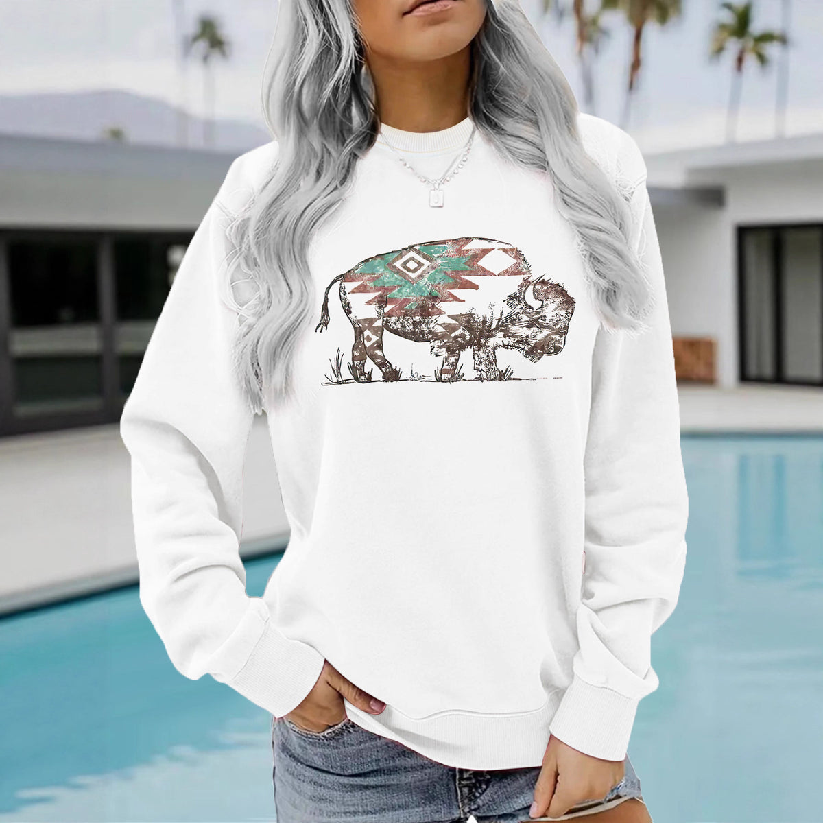 Round neck Western ethnic buffalo print loose hoodie