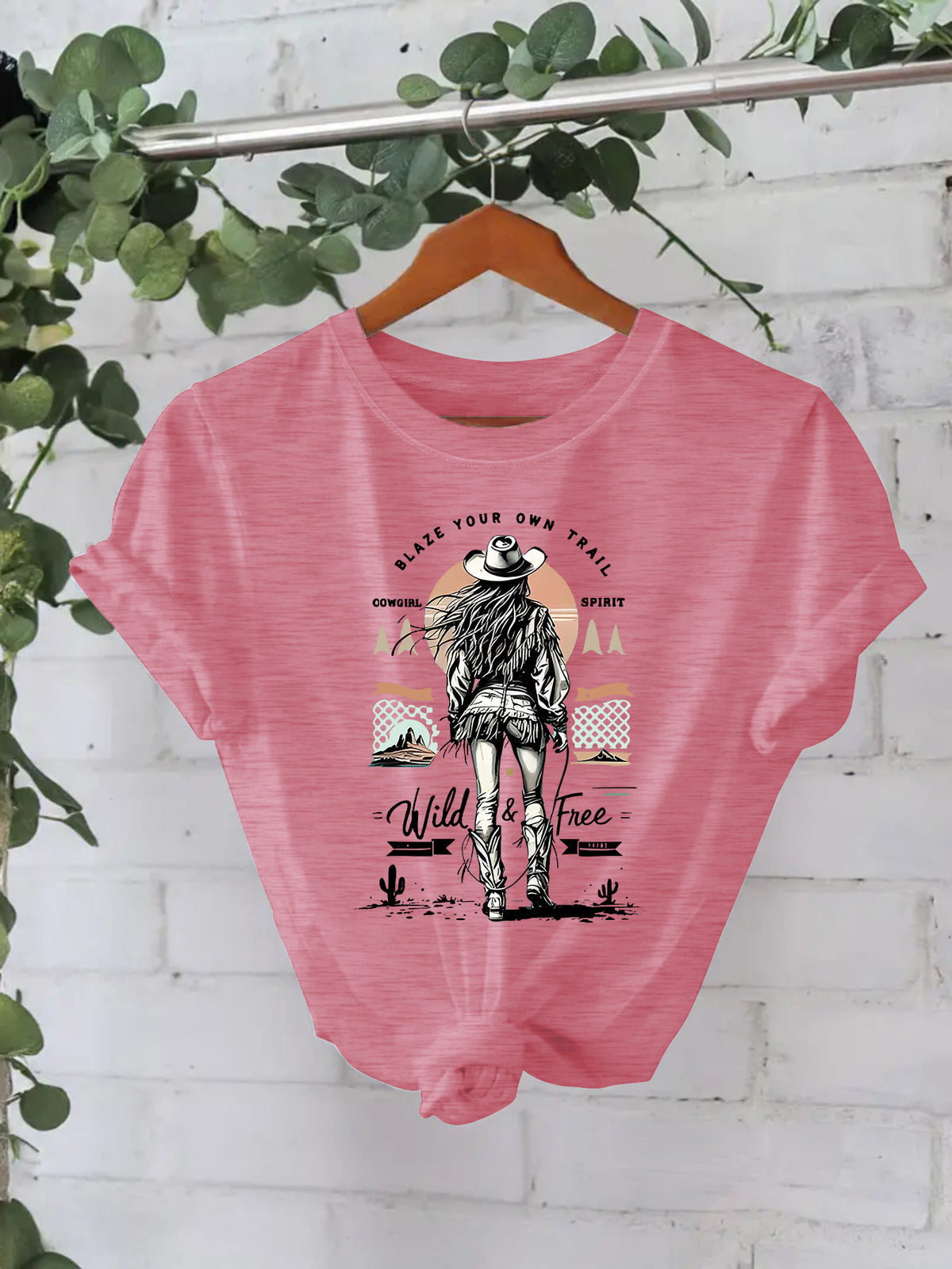 Western denim print round neck loose short sleeved shirt