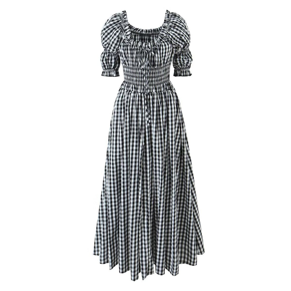 New Women's Fashionable Countryside Grid French Bubble Sleeve Dress with Western Style