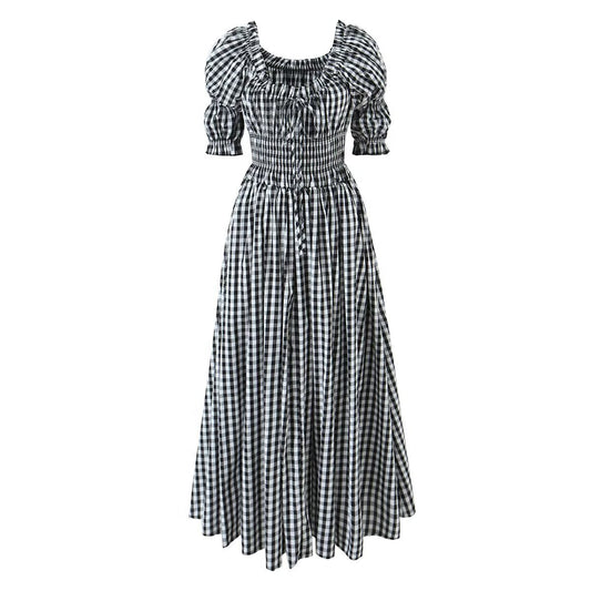 New Women's Fashionable Countryside Grid French Bubble Sleeve Dress with Western Style