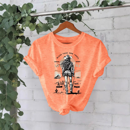 Western denim print round neck loose short sleeved shirt