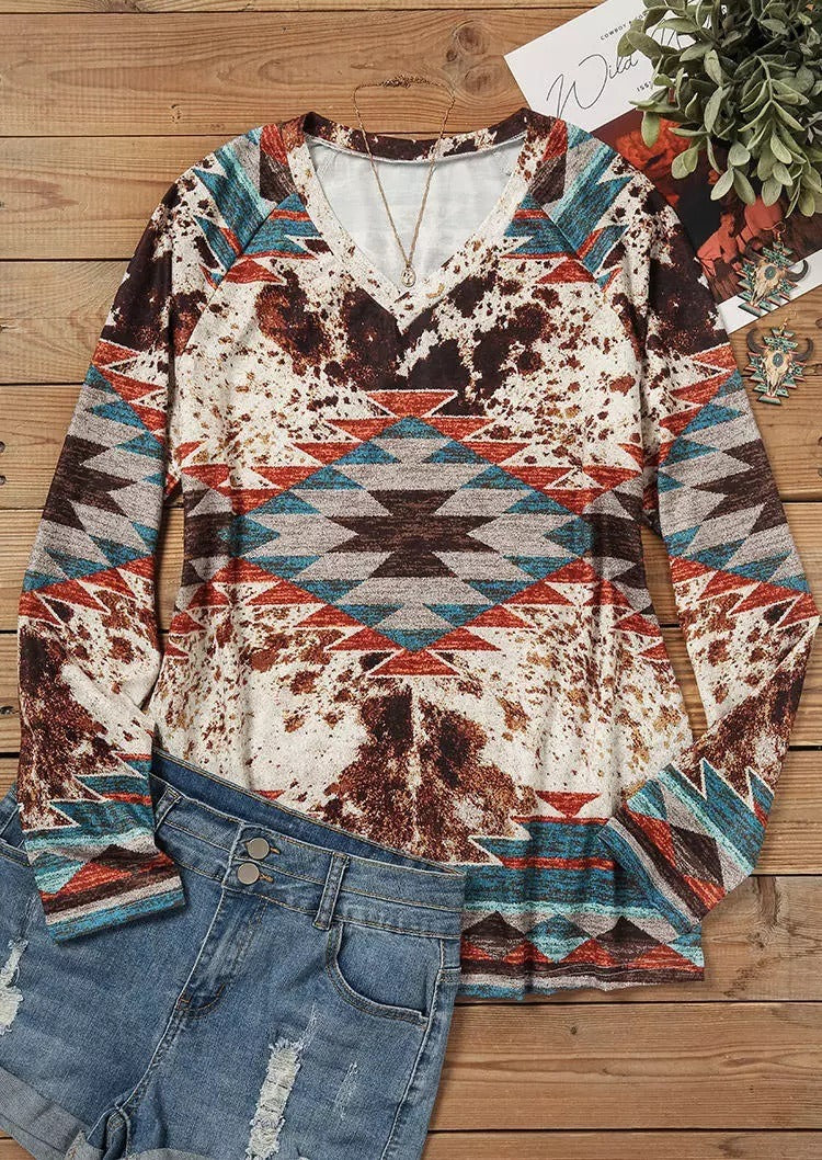Spring and Autumn New Western European Denim Print Pullover V Neck Loose Sweater Womens Casual T Shirt