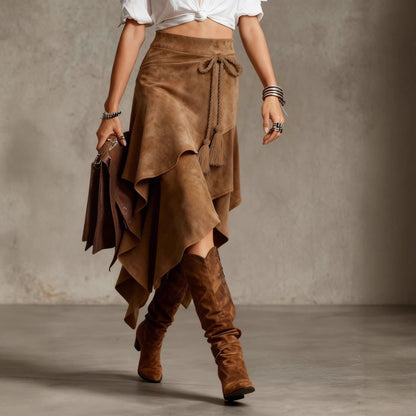 Retro Western Style Irregular Design Suede Skirt Solid Color Midi Skirt