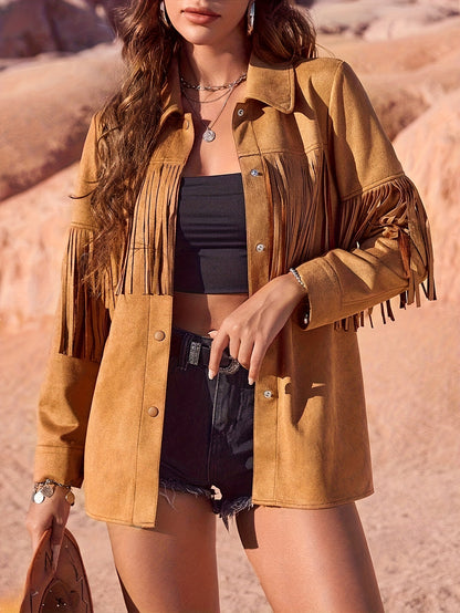 Western Style Solid Color Suede Fringe Jacket for Women