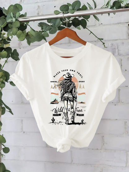 Western denim print round neck loose short sleeved shirt