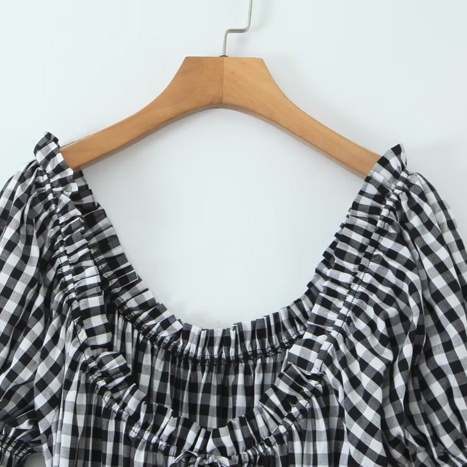 New Women's Fashionable Countryside Grid French Bubble Sleeve Dress with Western Style
