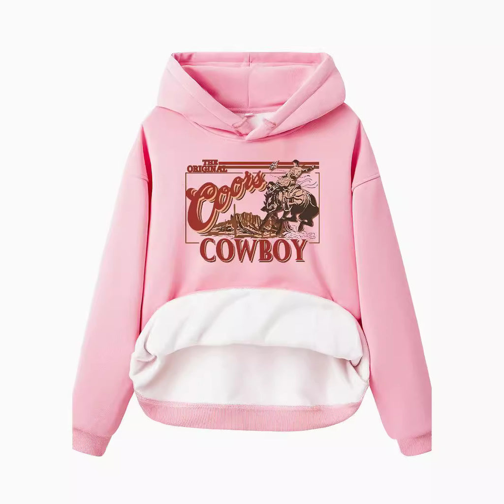 Hooded long sleeved fleece sweatshirt with western denim print