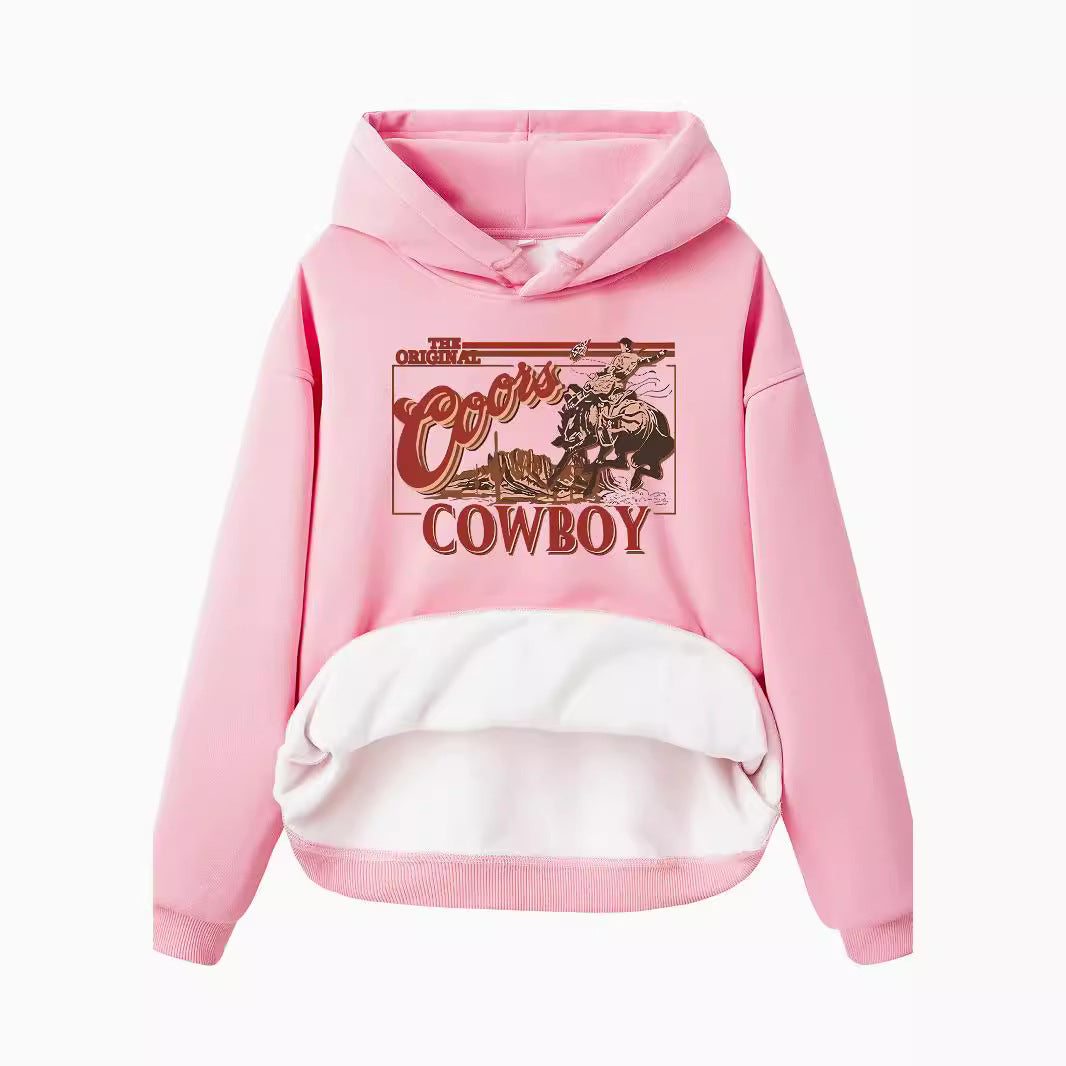 Hooded long sleeved fleece sweatshirt with western denim print