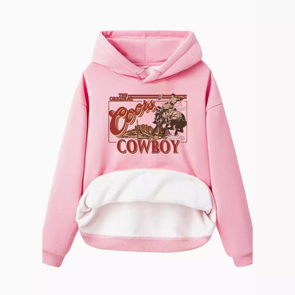 Hooded long sleeved fleece sweatshirt with western denim print