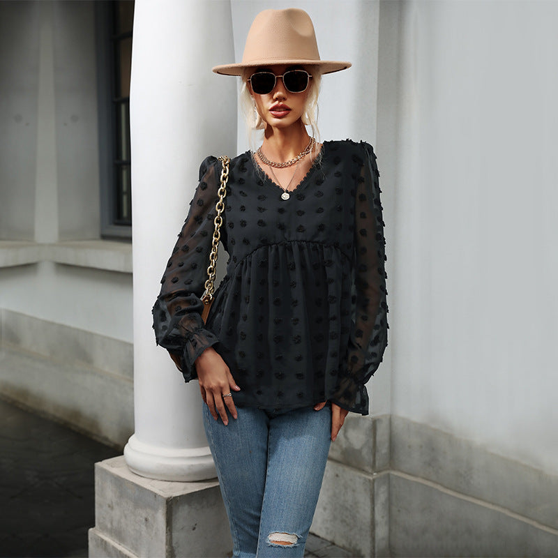 Women's Black Western-style Solid Color V-Neck Pullover Mesh Long Sleeve Shirt