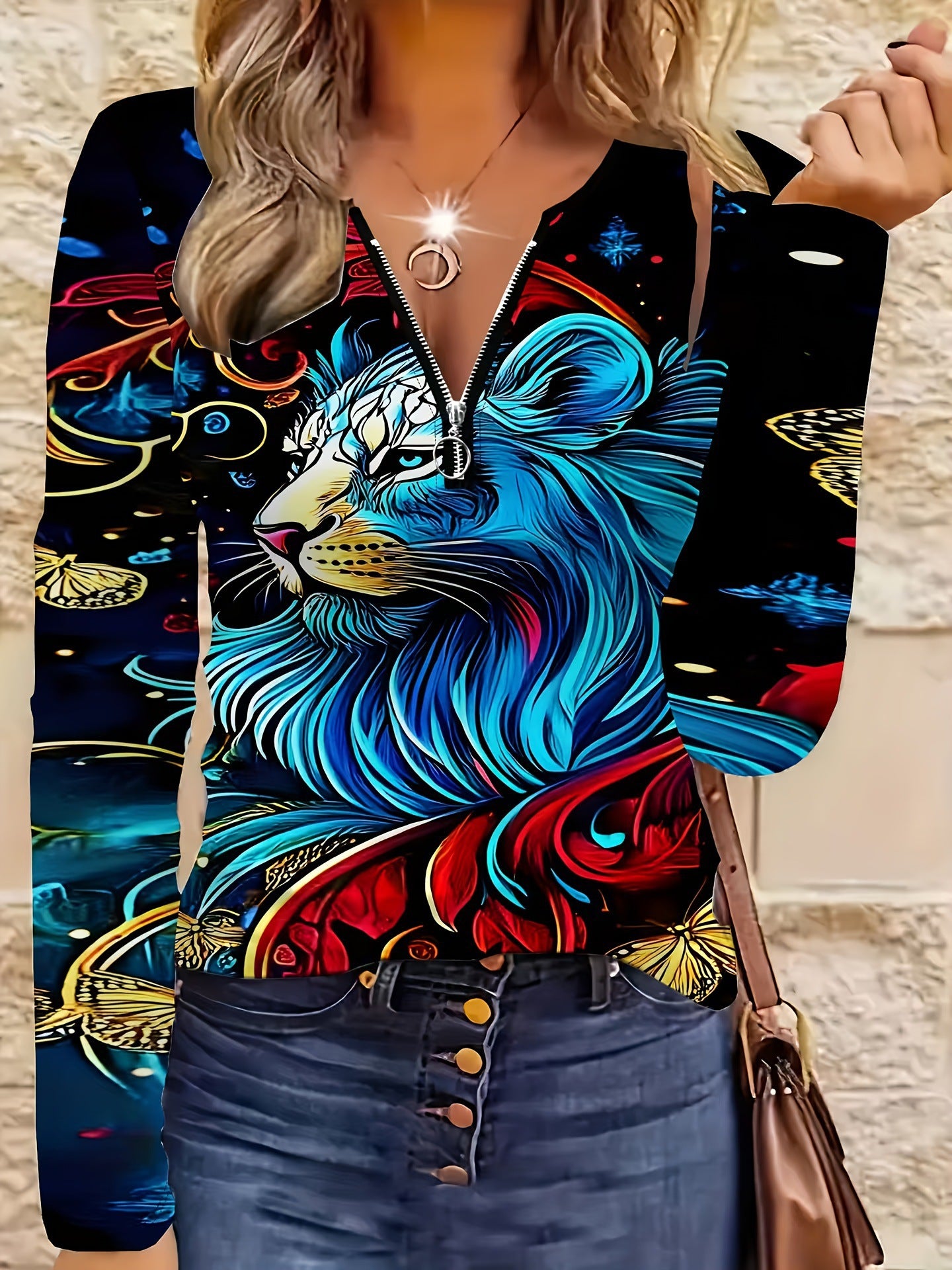 Western Women's Long Sleeve Floral Print Shirt, Half-Open Collar Casual Elegant Top